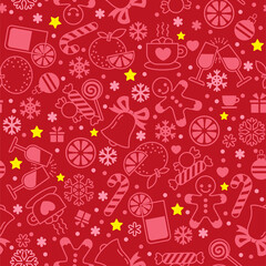 Vector seamless pattern with simple linear symbols of Christmas and New Year. Sweets, snowflakes and gingerbread men between snowflakes on a red background