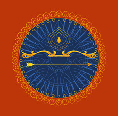 Obraz premium gold bow with arrow in front of blue mandala ornament of happy dussehra vector design