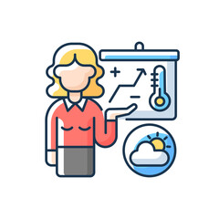 Weather forecasters RGB color icon. Meteorologist. Atmosphere conditions. Barometric pressure. Temperature, precipitation. Weather warnings. Climatological information. Isolated vector illustration