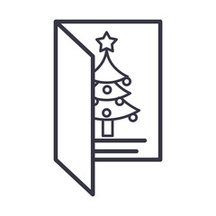happy merry christmas, greeting card season with tree decoration line icon