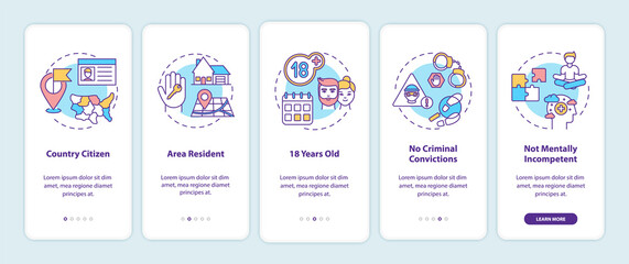 Online voting requirements onboarding mobile app page screen with concepts. Country citizen, area resident walkthrough 5 steps graphic instructions. UI vector template with RGB color illustrations