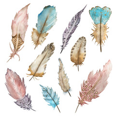 Watercolor illustration of multicolored bird feathers large set. Hand-drawn with watercolors and suitable for all types of design and printing.