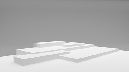 White rectangular podium on a grey background. White display stand. 3d render.