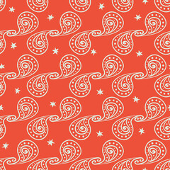 Abstract paisley and stars seamless vector pattern. Christmas surface print design for fabrics, stationery, scrapbook paper, gift wrap, textiles, home decor, and packaging.