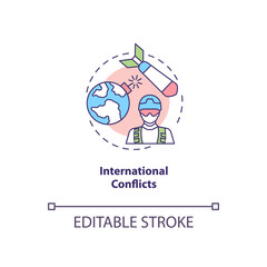 International conflicts concept icon. Reverse globalization trend idea thin line illustration. Foreign relations. Wars. Armed conflicts. Vector isolated outline RGB color drawing. Editable stroke