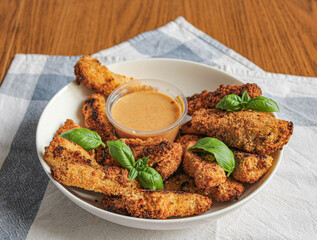 A bowl of chicken fingers and honey mustard sauce topped with basil leaves. Baked chicken slices served on the table as a starter of finger food. 
