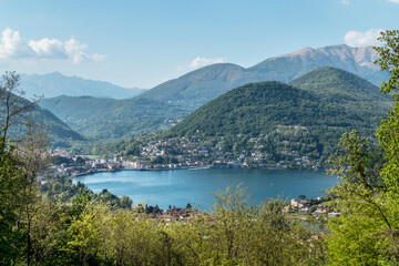 Obraz na płótnie Canvas aerial view of Ponte Tresa and the Lake of Lugano