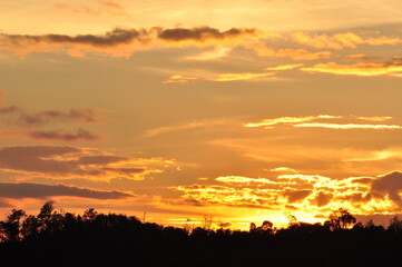 Picture of a sun setting behind a dense forest area followed by mountains.	