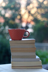 Stack of paperback books and cup of tea or coffe in teh garden. Selective focus.
