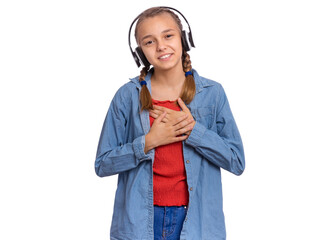 Beautiful teenage girl with headphones, isolated on white background