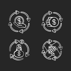 Financial synergy chalk white icons set on black background. Money flow. Invest in business. Financial operation. Bank service. Community involvement. Isolated vector chalkboard illustrations