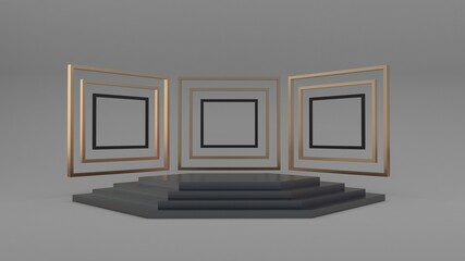  Golden podium on a grey background. Grey display stand. 3d render.