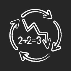 Negative synergy chalk white icon on black background. Decline in financial figures. Economic failure. Loss of investment. Arrow down. Recession in economy. Isolated vector chalkboard illustration