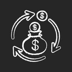 Revenue synergy chalk white icon on black background. Accounting process. Money exchange. Flow of income. Business investment. Profit from financial operation. Isolated vector chalkboard illustration