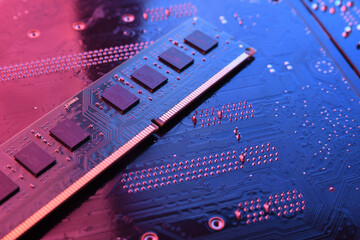 Computer memory RAM on circuit motherboard background . Close up. system, main memory, random...