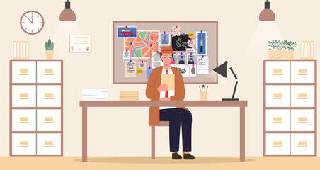 Detective Investigation concept. A private detective sits at his Desk in the office studying evidence and reading documents. Flat cartoon vector illustration.