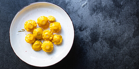 squash or little pumpkins in marinade salad vegetable snack meal ingredient on the table tasty top view copy space for text food background rustic 