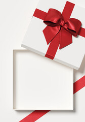 Minimal copy space for Christmas, New year and holiday season. Open white gift box with red ribbon bow on white background. 3d render illustration. Clipping path of each element included.