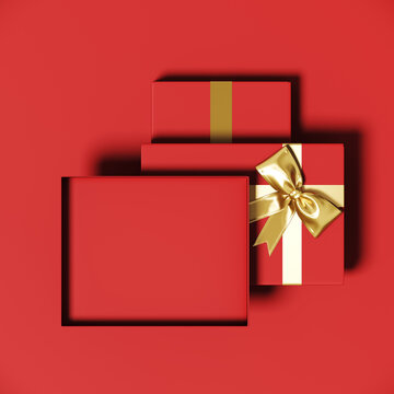 Minimal copy space for Christmas, New year and holiday season. Open red gift box with golden ribbon bow on red background. 3d render illustration. Clipping path of each element included.