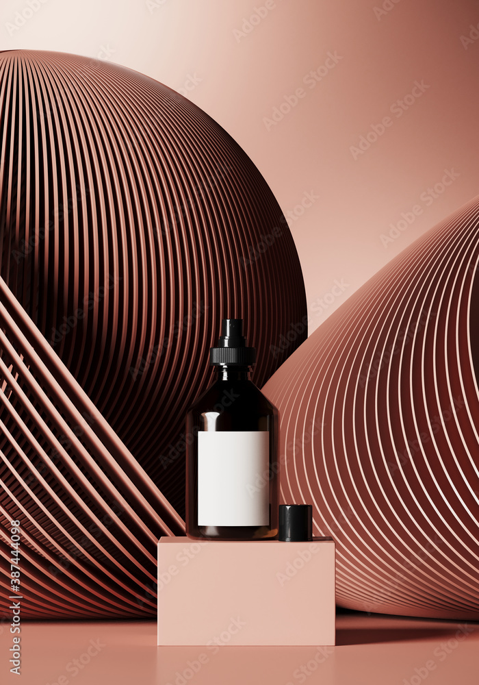 Poster minimal background for branding and product presentation. cosmetic bottle on red podium with subtle 