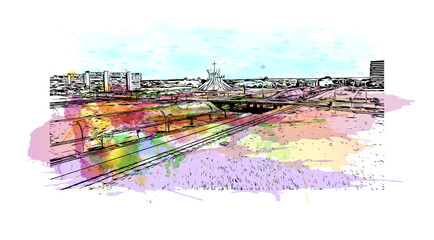 Building view with landmark of Brasilia is the federal capital of Brazil and seat of government of the Federal District. Watercolor splash with hand drawn sketch illustration in vector. - obrazy, fototapety, plakaty