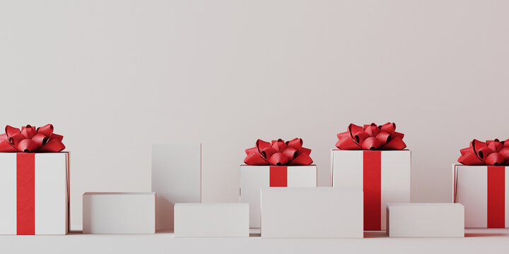 Minimal product background for Christmas, New year and sale event concept. White gift box with red ribbon bow on white background. 3d render illustration. Clipping path of each element included.