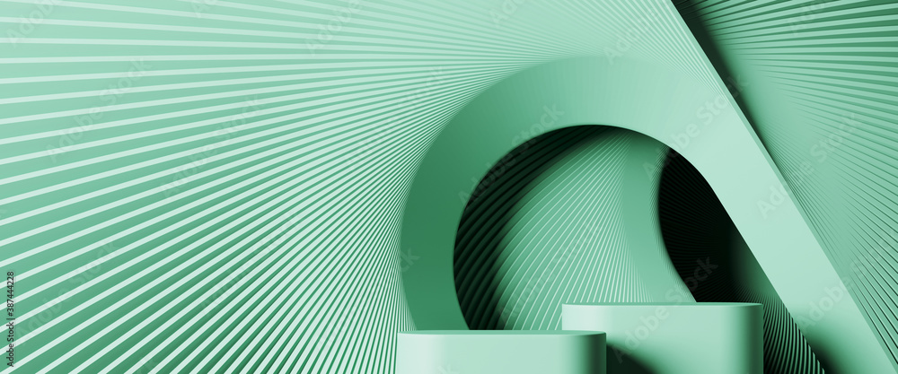 Poster minimal background for branding and product presentation. green podium with subtle circular geometri