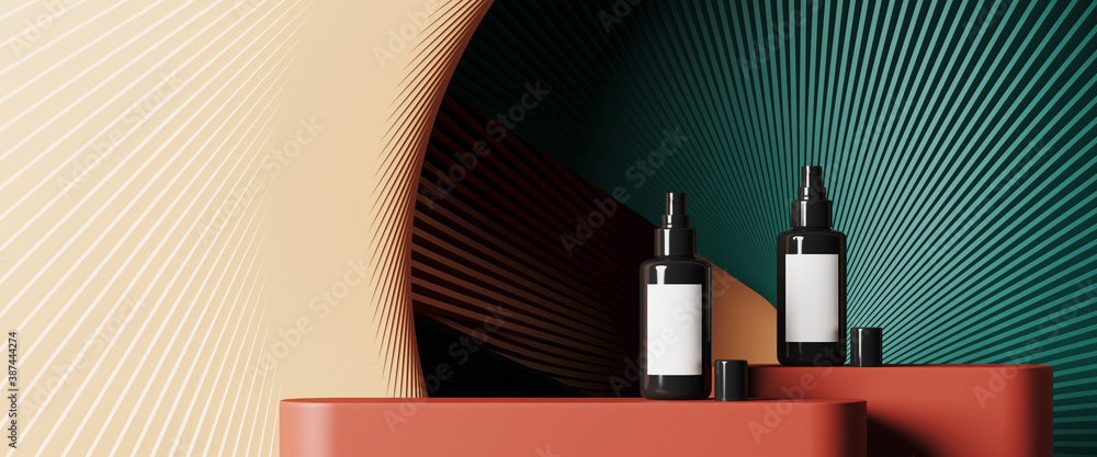 Poster minimal background for branding and product presentation. cosmetic bottle on red podium with subtle 