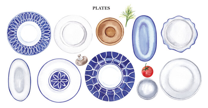 Watercolor illustration. Painted ceramic plates on a white background. They will be a great decoration for any menu or recipe.