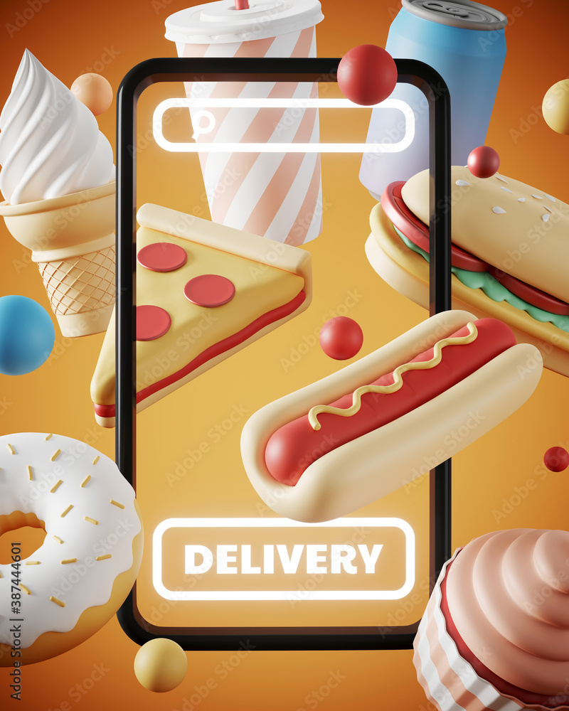 Poster minimal background for online food delivery concept. mobile phone with food and beverage on orange b