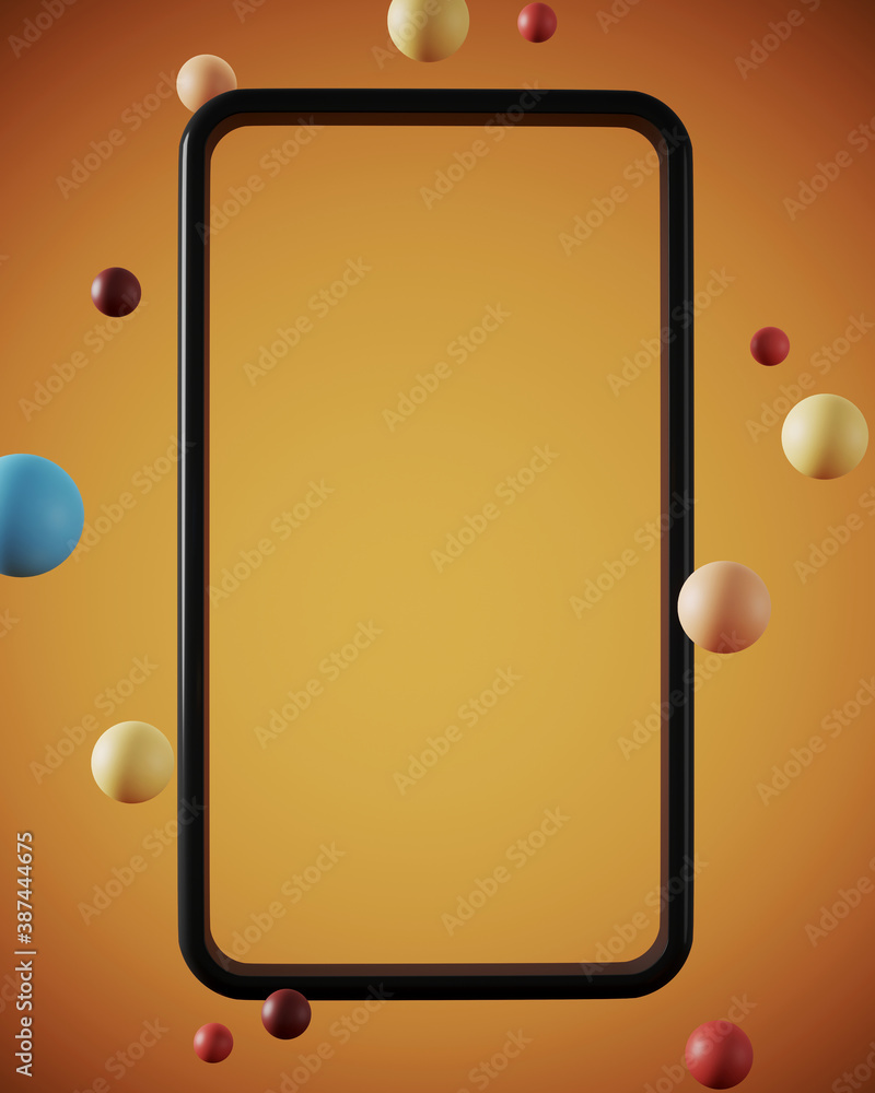 Poster minimal creative background for mobile application concept. mobile phone frame on orange background.