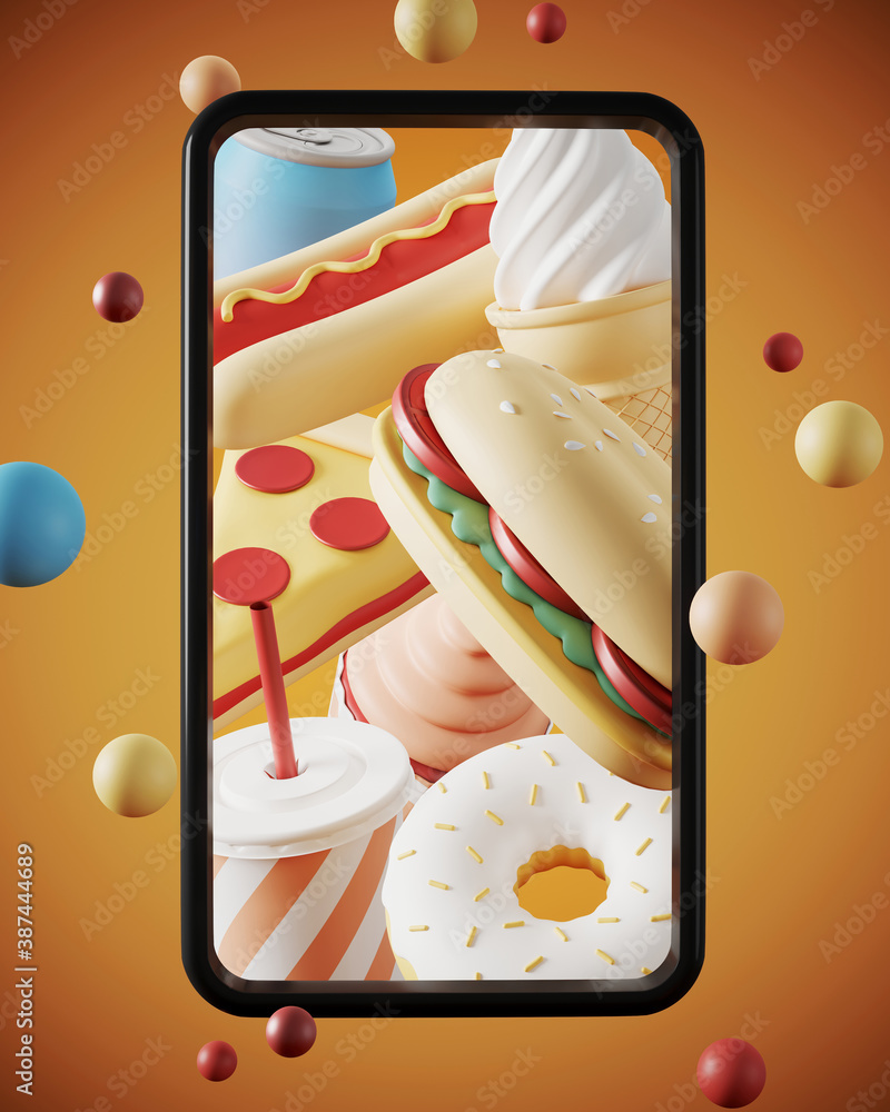 Poster minimal background for online food delivery concept. mobile phone with food and beverage on orange b