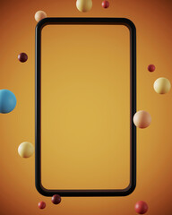 Minimal creative background for mobile application concept. Mobile phone frame on orange background. 3d rendering illustration. Clipping path of each element included.
