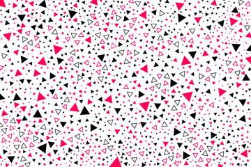 Abstract triangles geometric pattern background. Pink and black triangular icon shapes, geometric figures colorful background. Seamless triangles pattern for wallpaper backdrop, brochure or paper