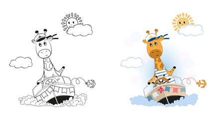 Vector illustration cute giraffe swims in a boat.Children's coloring book.