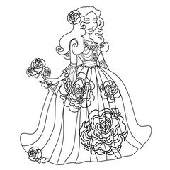 Coloring antistress page for adults 
and children. Princess with roses