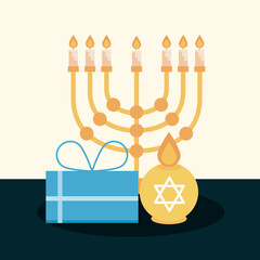 hanukkah, menorah candles and gift box flat icon