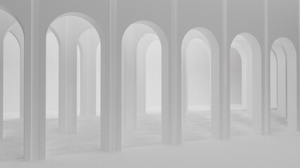 White walls with round arches. Monochrome interior on a white background. 3d render.