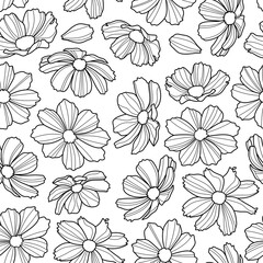 Coloring antistress page for adults 
and children. Monochrome pattern of cosmos flowers