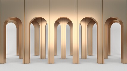 Gold arches, columns on a white background. Gallery, round aisles, arched openings. 3d render.