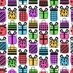 Fototapeta na wymiar Black vector seamless pattern with simple linear symbols of gift boxes with ribbons on a white background and colored spots. Design for black friday backgrounds and sales
