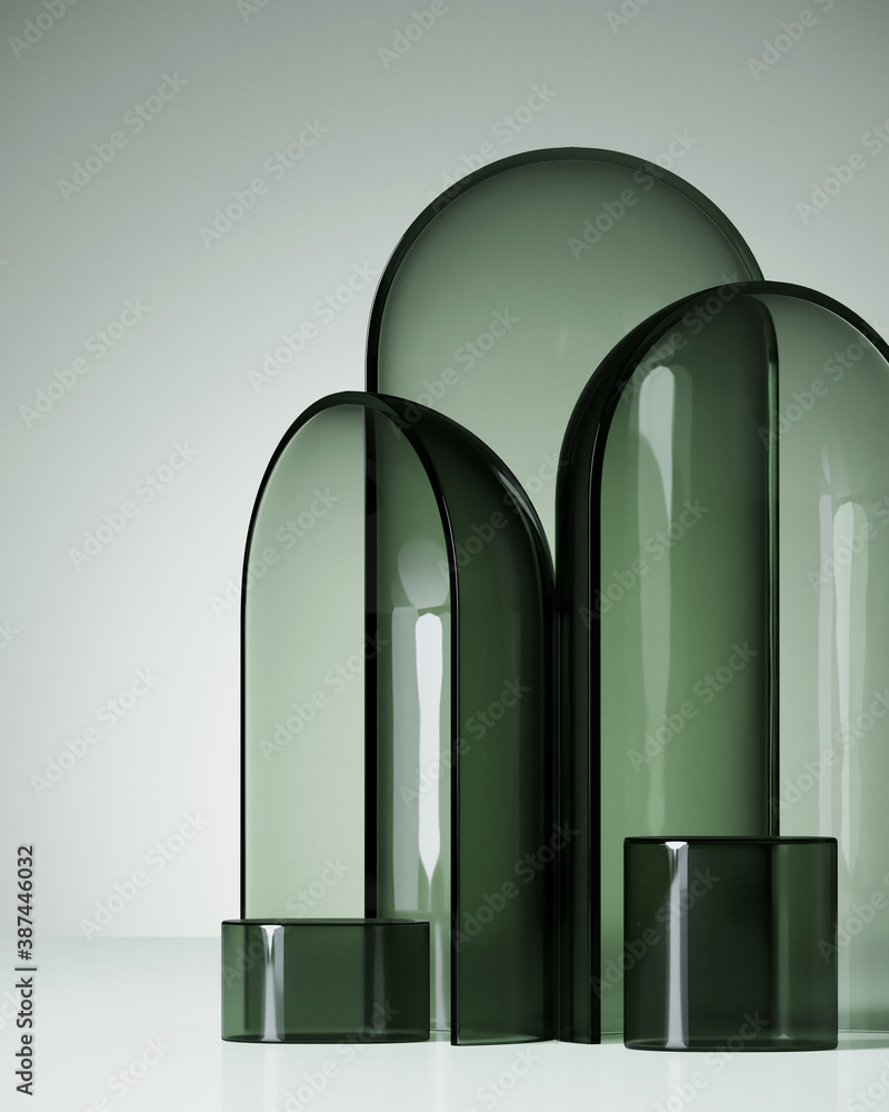 Aufkleber minimal mockup background for product presentation. gradient green frosted glass podium and dome pan