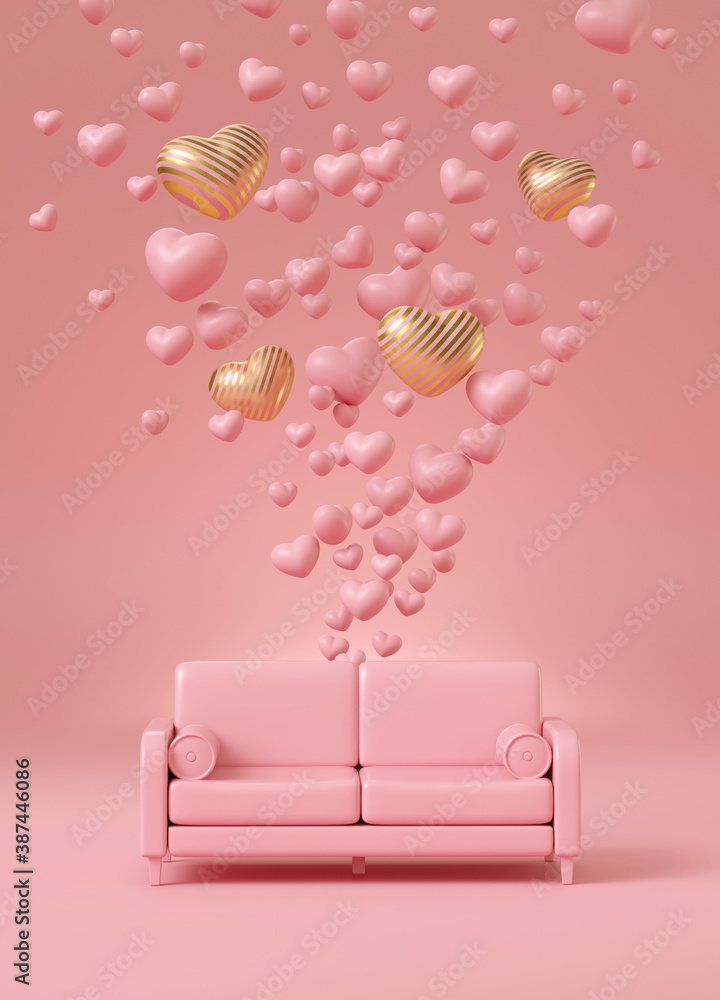 Poster minimal happiness object for love, wedding and valentine concept. pink sofa with golden stripe heart