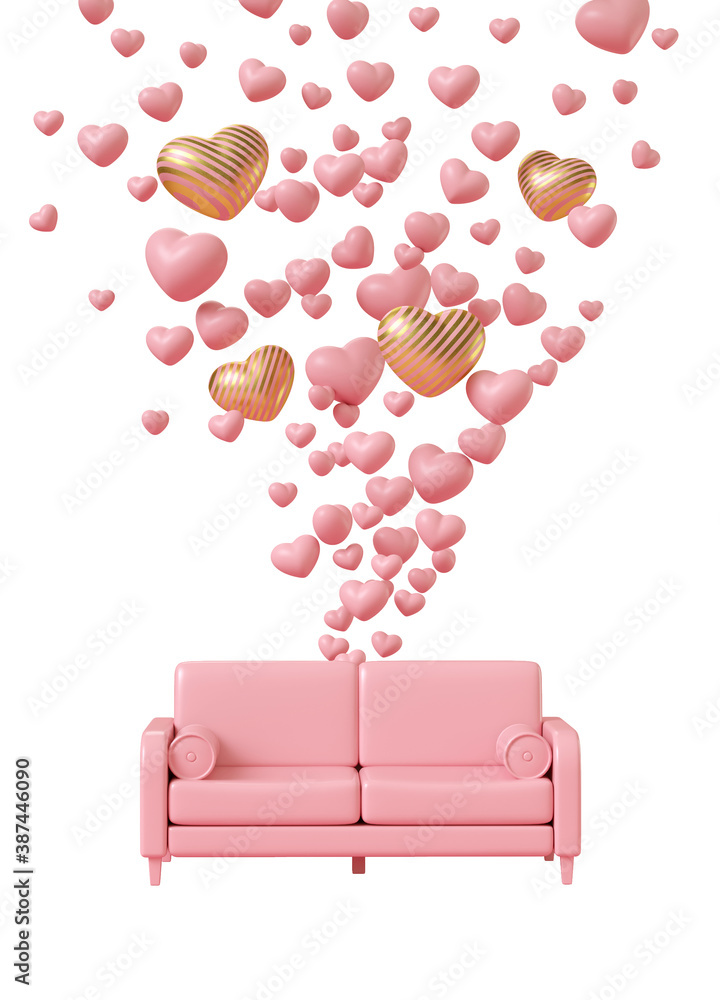 Poster minimal happiness object for love, wedding and valentine concept. pink sofa with golden stripe heart
