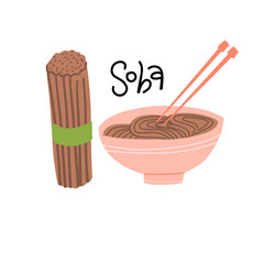 Soba cooking set. Raw and boiled buckwheat soba noodles in bowl isolated on white background. Vector illustration of japanese food, buckwheat grains and chopsticks in simple flat style.