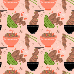 Doodle yakisoba seamless pattern background. Cartoon hand drawn Japanese street food. Soba noodle in bowls. Flat illustration.