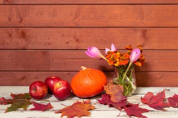 Apples, pumpkin and small bouquet of helenium and autumn crocuses. View with copy space.