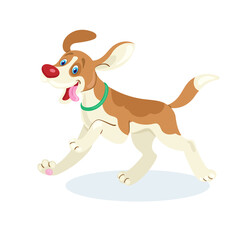 Funny dog ​​runs with his tongue out . In cartoon style. Isolated on white background. Vector flat illustration.