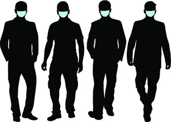 Silhouettes of people in medical masks. Virus protection.