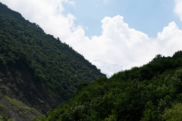 Fototapeta na wymiar View of the mountains of the North Caucasus. Karmadon gorge. Mount Kazbek in the clouds. Mountains in the clouds in summer